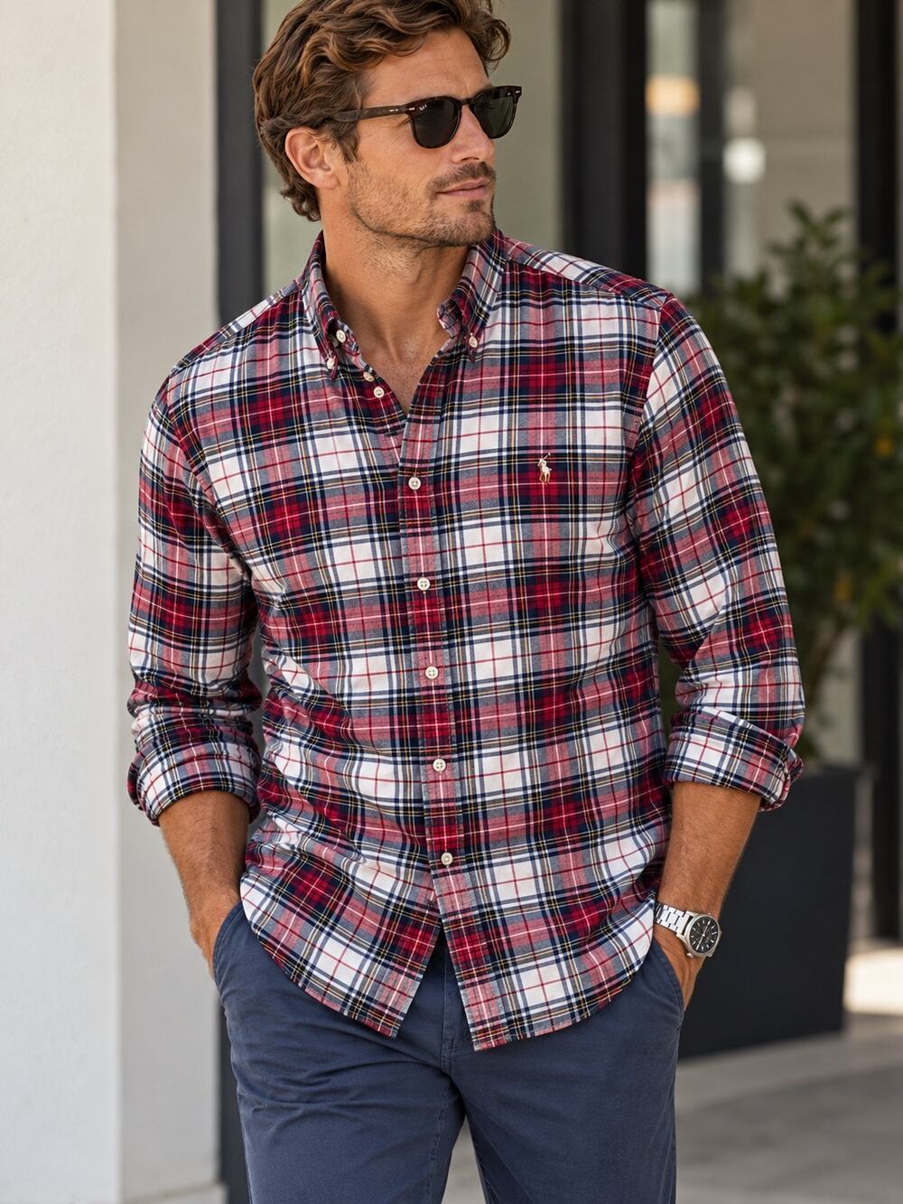Polo Ralph Lauren Plaid Slim Fit Long Sleeve Button-Up Shirt Top Red White Men M